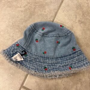 NWT! Denim 100% Cotton Embroidered Cherry Bucket Hat Adjustable Size